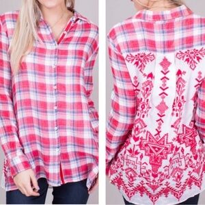 Johnny Was Misha Embroidered Flannel Plaid Shirt red blue S